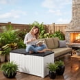 thumbnail image 7 of Dextrus 120 Gallon Outdoor Storage Box, Waterproof Resin Deck Box with Slide-Locking Lid, Multi-Purpose Patio Storage Bench for Patio Cushions, Garden Tools and Pool Accessories, White, 7 of 7