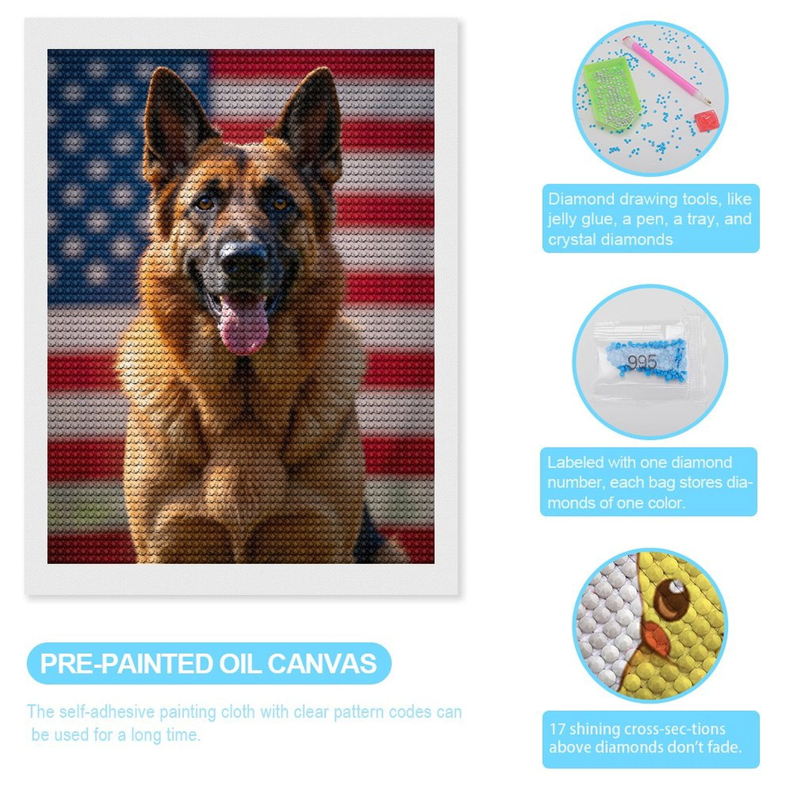 Diamond Art Kits for Adults, Dog American Flag Patriotic Pose 5D Diamond Painting Kits for Adults Beginners, DIY Full Drill Diamond Painting, Gem Art and Crafts 12x16