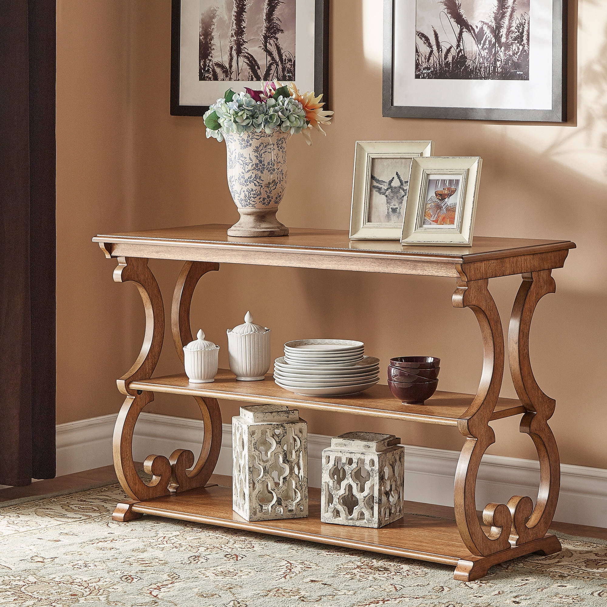 Weston Home Caden Wood Scrollwork Sofa Table, Oak ...