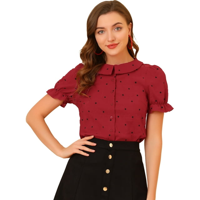 Blusa con cuello Peter Pan Allegra K con botones de Estrellas Rojo S