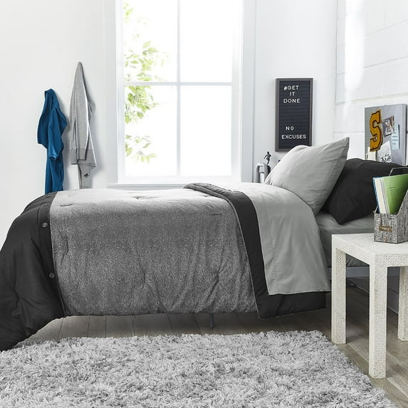 Dawn 7-Piece Twin Essentials in Boone Black and Gray | Reversible Twin/Twin XL Comforter with Two Sheet Sets | Black and Gray