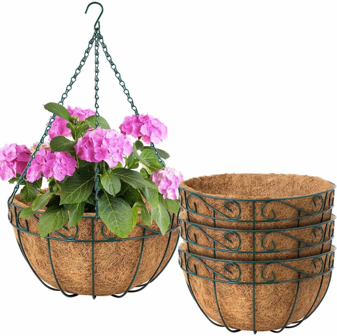 4 Pack Hanging Plant Planter Baskets 10 Inch With Coco Coir Liner Round