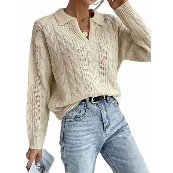 Womens Cable Knit Sweaters Long Sleeve V Neck Sweater Tops Casual Pullover -Shirts Fall Fashion Outfits  L