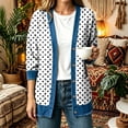 thumbnail image 2 of Women's Fall Winter Vintage Polka Dot Print Denim Patchwork Cardigan Jacket Button‑Front Open Coat with Pockets, Long Sleeve Retro Casual Outerwear White-B, 2 of 5