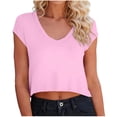 thumbnail image 2 of Women's V-Neck Crop Top, Short Sleeve Casual Solid Color T-Shirt Y2K Tops Travel Outfit Pink XXL, 2 of 6