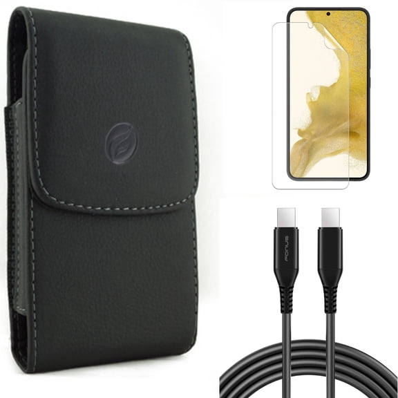 Case Belt Clip & Matte Screen Protector & 10ft Long USB-C Cable for Samsung Galaxy S22 (6.1") - Leather Holster & TPU Film Anti-Glare & PD Fast Charger Cord Power Accessory Bundle