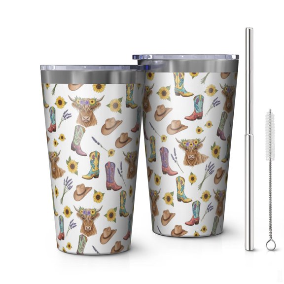 16oz Tumblers Highland Cow Sunflower Boot Hat Pattern Stainless Steel Vacuum Insulated Double Wall Travel Tumbler Cups Mug with Lid and Straw,Cleaning Brush for Coffee,Tea