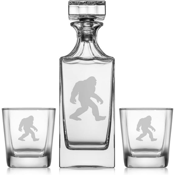 Whiskey Decanter Gift Set With 2 Whiskey Old Fashioned Rocks Glasses Bigfoot Sasquatch