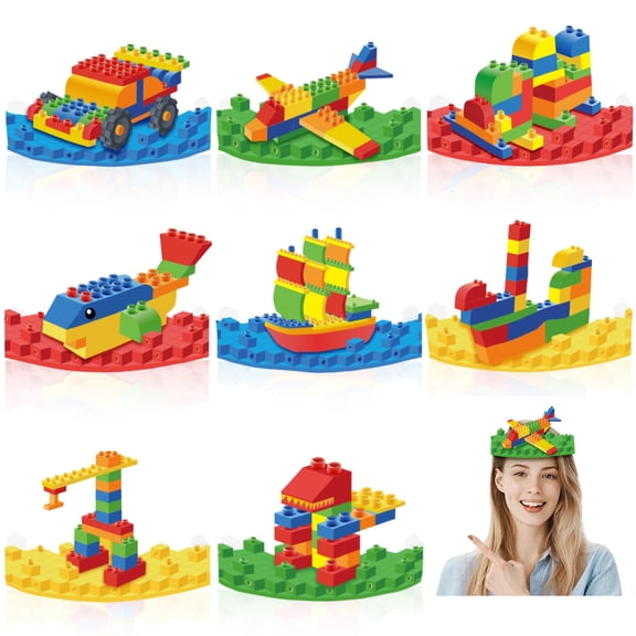 Sinekong Building Block Birthday Party Supplies, Brick Themed Happy Birthday Party Hats for Kids, Colorful Block Paper Headbands Crown