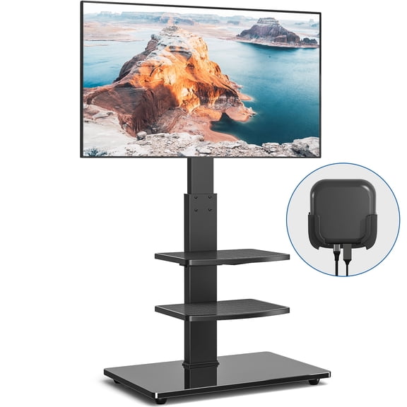 TAVR Furniture Floor TV Stand for 32-70 inch Flat Curved Screens, Black Swivel Mount TV Stand with 2 Adjustable Shelves