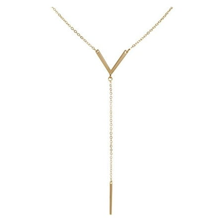 Long Lariat - Women's Y-Chain Bar Necklace - Adjustable Long Thin Delicate Chevron Choker Lariat, Gold-Tone
