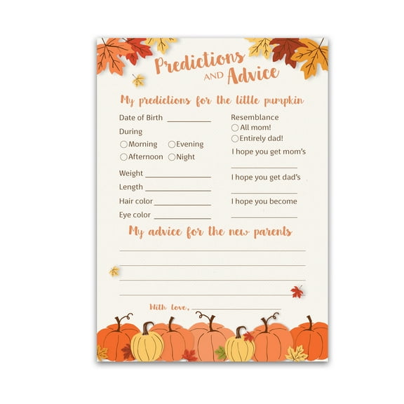 PUMPKINS Prediction and Advice Cards - Pack of 25 - LITTLE PUMPKIN Baby Shower Games, New Parents, Mom & Dad to be, Mommy & Daddy Message, Couples Coed Shower Activity Keepsake Book FALL G330-PDAV