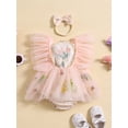 thumbnail image 2 of JYYYBF Baby Girls Summer Romper Dress Flying Sleeve Flower Embroidery Mesh Patchwork Romper with Headband, 2 of 7