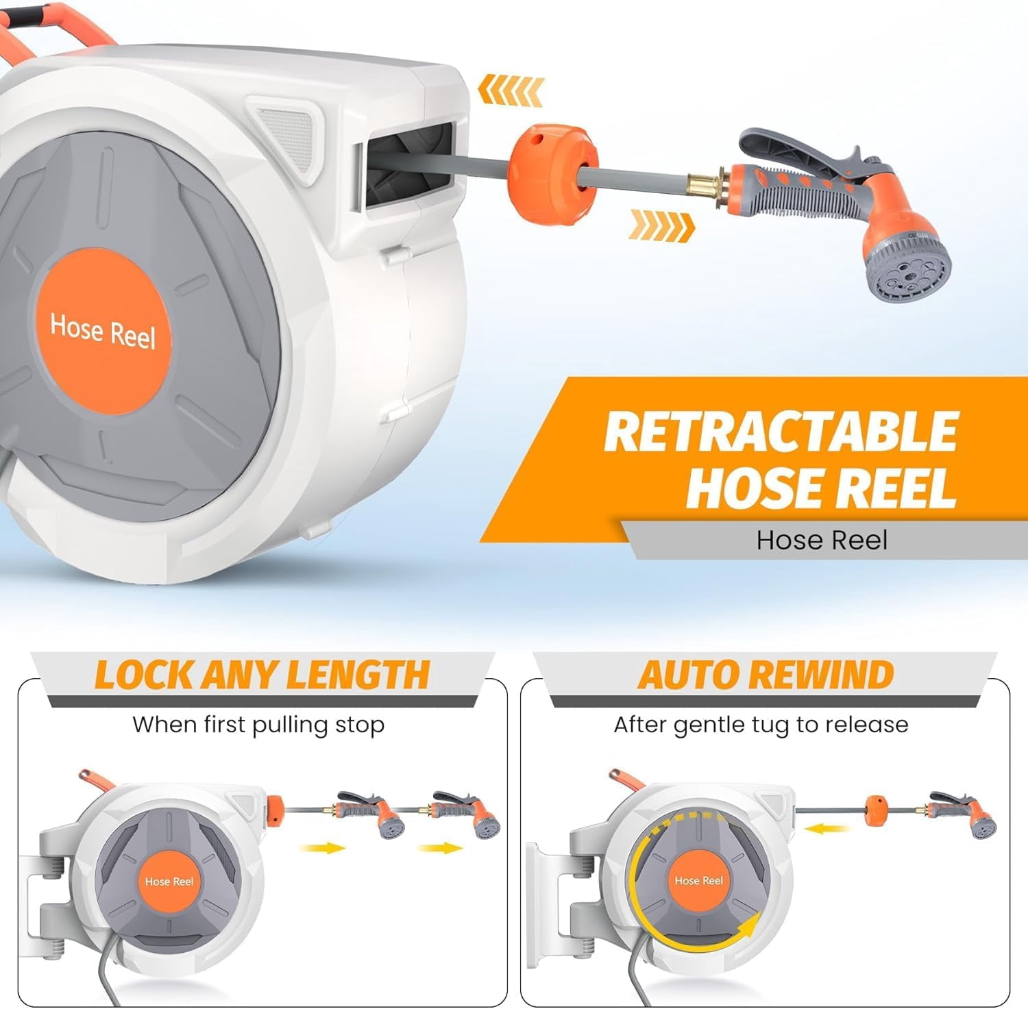 ChaoLink 1/2 Inch*100 Ft Retractable Garden Hose Reel with UV Resistance and 9-Function Sprayer Nozzle