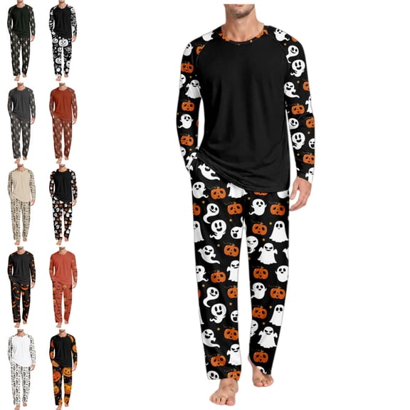 Halloween Two Piece Pajama Set Men Funny Pumpkin Print Casual Relaxed Fit Long Sleeve Crew Neck T Shirts and Long Pants Fashion Comfortable Clothing Multicolor XL