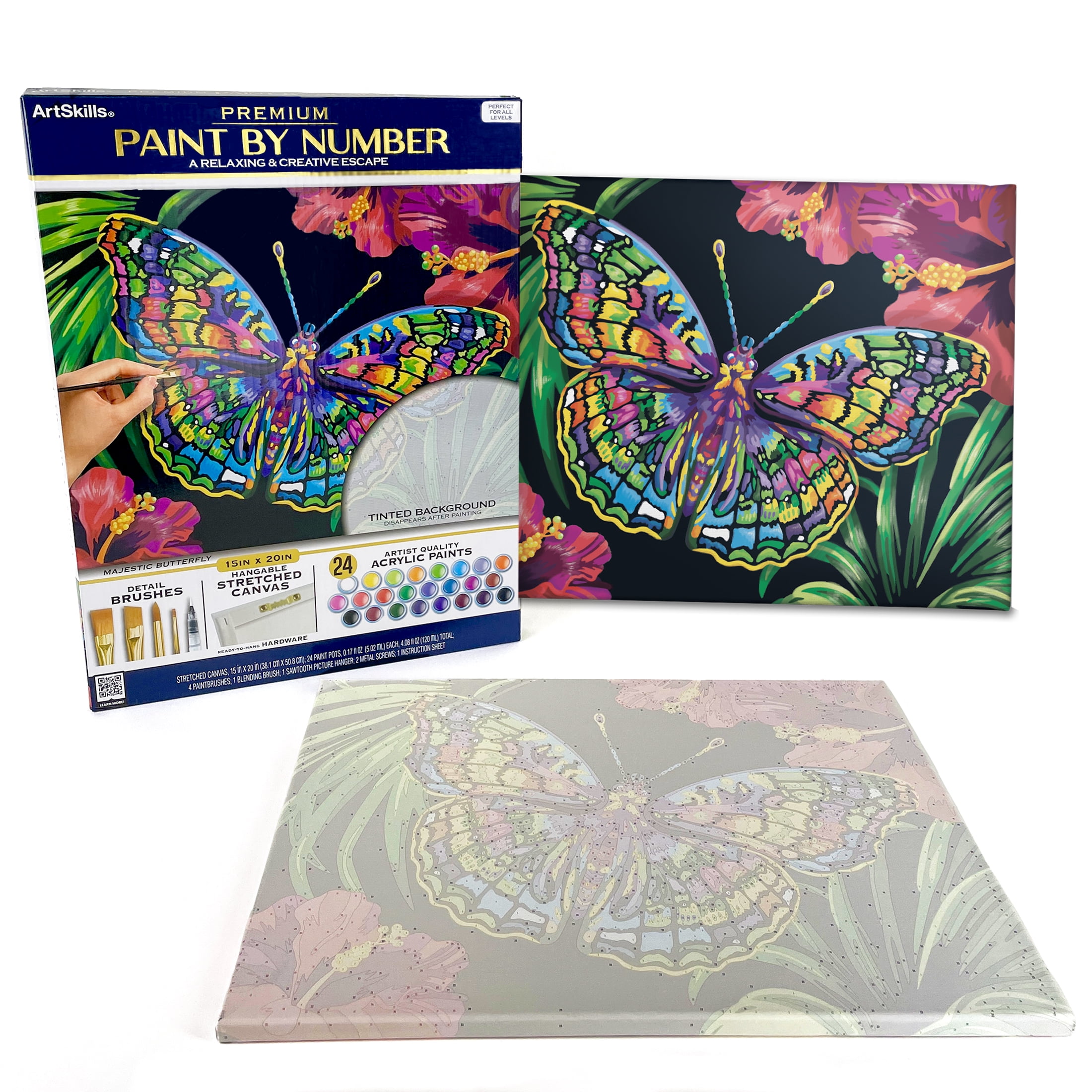 ArtSkills Majestic Butterfly Paint by Number Art Kit for Adults, 20" x 15" Stretched Canvas, Unisex Wall Art
