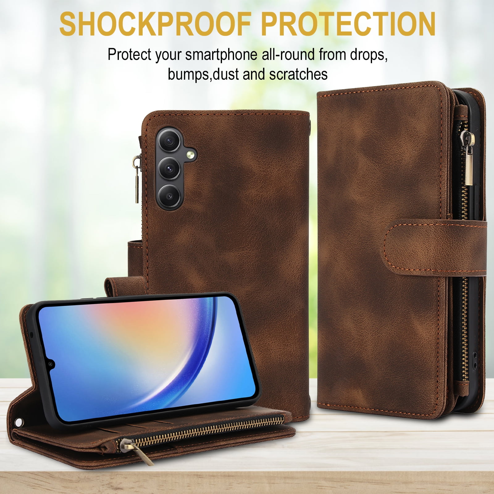 for Samsung Galaxy S24 FE Wallet Case with Card Holder for Women Men, Phone Case RFID Blocking PU Leather Flip Shockproof Cover with Shoulder + Wrist Strap Zipper Credit Card Slots Stand, Brown