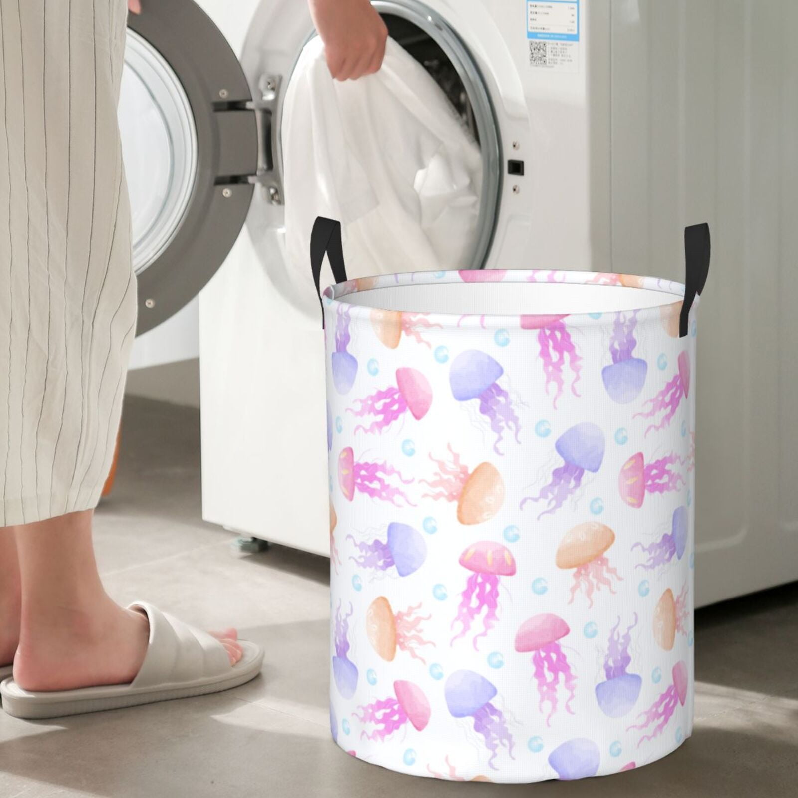 Large Laundry Basket with Handles - Bright Jellyfish Print Kids Baby Dirty Clothes Laundry Hamper for Bedroom Aesthetic