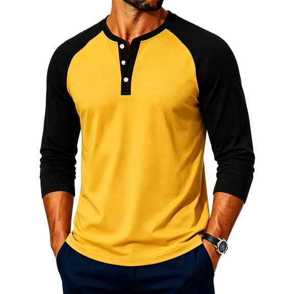 Mens Henley Shirts Long Sleeve Casual Raglan Block Shirts Button Basic T-Shirts Classic Vintage Tee Tops 2026 Orange L