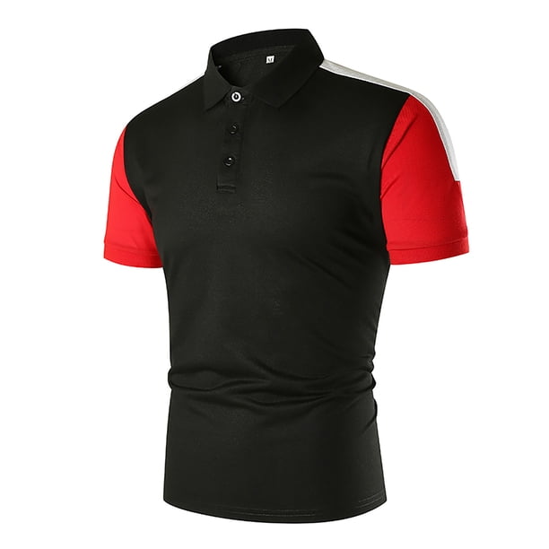 ICHUANYI Clearance Men Short-Sleeved Turn-Down Collar Patchwork Buttons Blouse Polo-Shirt Tops(Black, L) Ichuanyi Ichuanyi