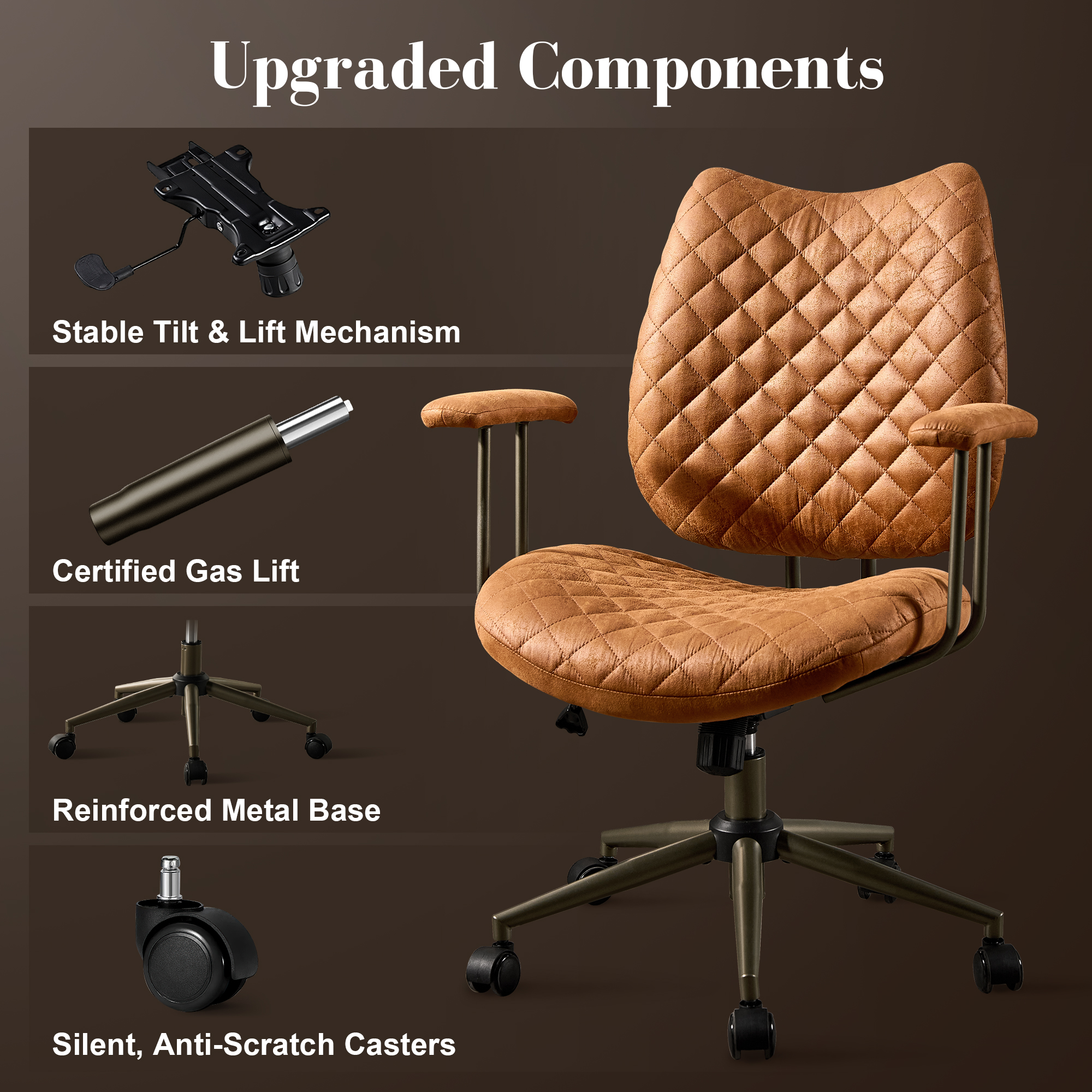Toject Leather Office Chair, Mid Back Home Office Chair with Lumbar Support, Ergonomic Computer Chairs, Executive Desk Chairs with Thickened Cushions, Task Chairs for Office, Suede Leather, Brown