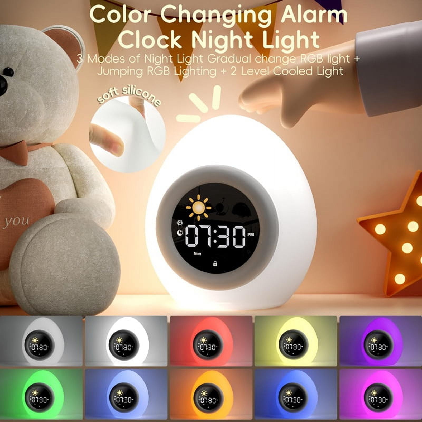 Alarm Clock for Kids Toddlers, Cute Touch Night Light with 6 White Noise Sound Machine, Ok to Wake Clock for Kids
