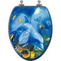 3D Ocean Series Elongated Toilet Seat w/Chromed Metal Hinges, Wood, Dolphin Family