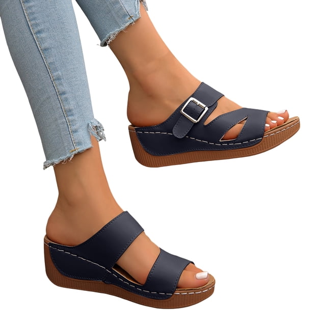 Womens Orthopedic Platform Slides Sandals 2025 Fashion Leopard Buckle Arch Support Wedge Dress Slip on