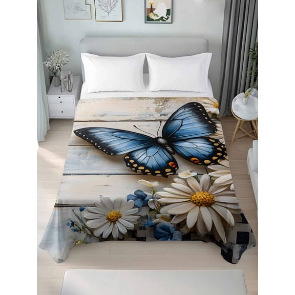 Butterfly Daisy Queen Size Flat Sheet, Wrinkleproof & Fadeproof Cooling Flat Bed Sheet Only, Retro Spring Floral Flower Wooden Grain Breathable Soft Bedding Top Sheets 90 x 102 Inches