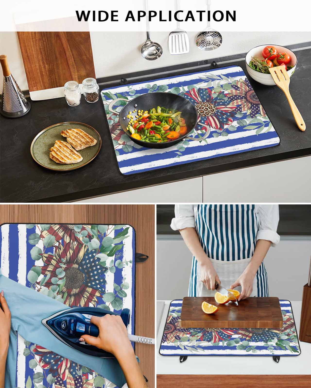nqOlkjepod Large Induction Cooktop Protector Mat 36"x21", 4th of July Stove Top Covers for Electric Stove, Independence Day Star Botanical Blue Striped Stove Burner Cover Mats, Glass Top Stove Cover