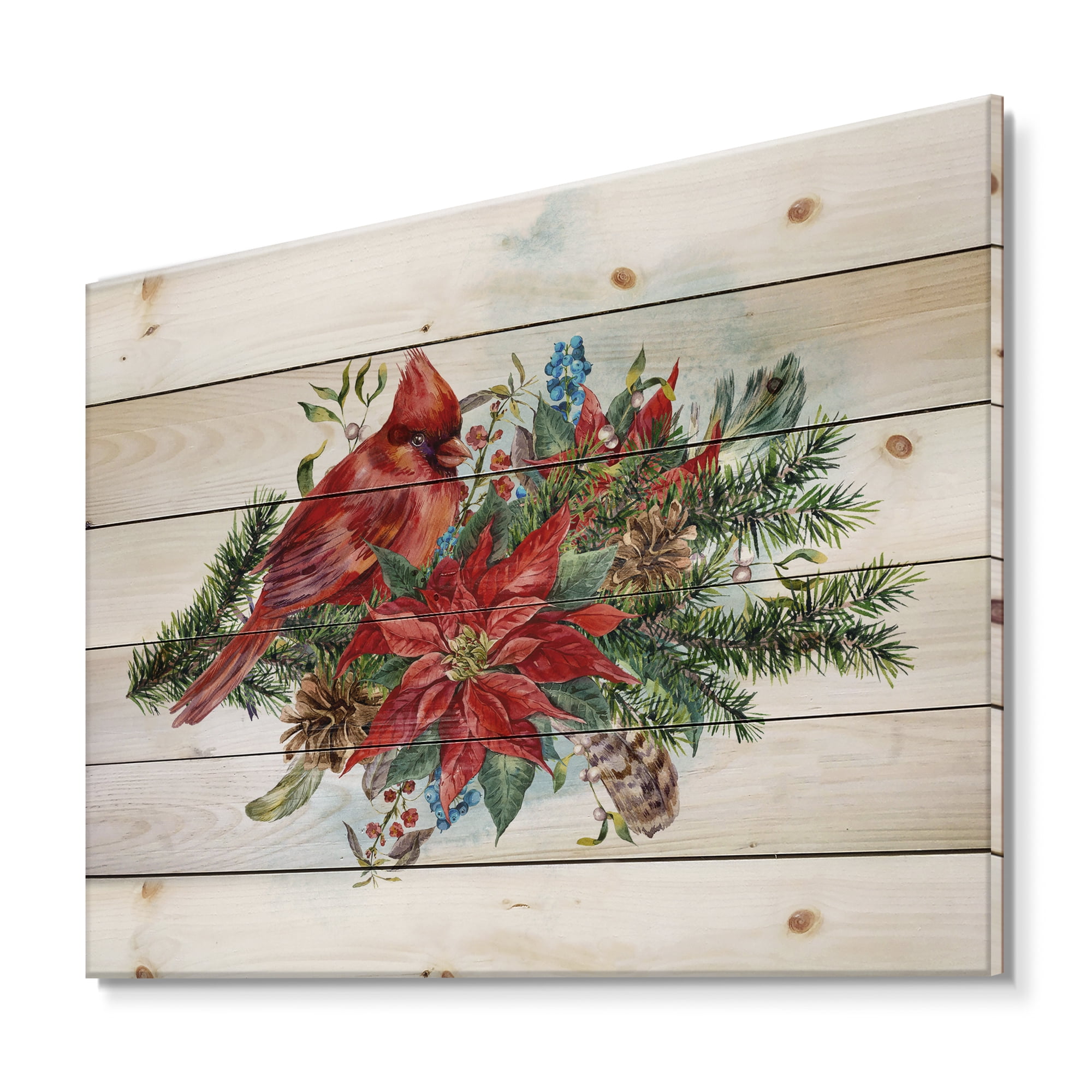 Designart 'Christmas Red Cardinal Bird and Poinsettia' Traditional Print on Natural Pine Wood