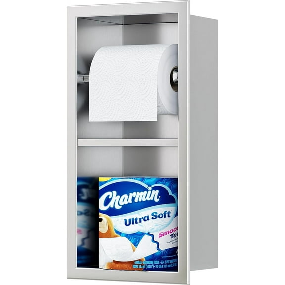 Recessed Toilet Paper Holder, 304 Stainless Steel Bathroom Toilet Paper Holder with Storage, in Wall Tissue Toilet Roll Holder, Brushed Nickel