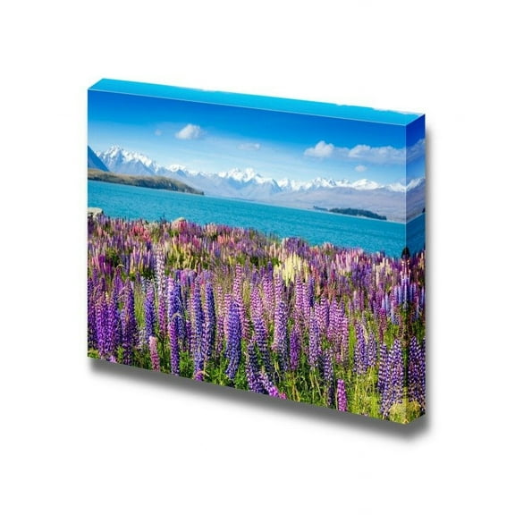 Canvas Prints Wall Art - Mountain Lake with Blooming Flowers on Foreground - 24" x 36"