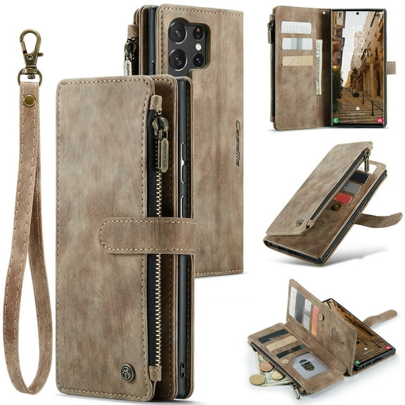Samsung Galaxy S23 Ultra Case Wallet  Women and Men, Galaxy S23 Ultra Case, PU Leather Magnetic Flip Wristlet Zipper Card Holder Business Cover  Samsung S23 Ultra 5G (6.8"), Brown