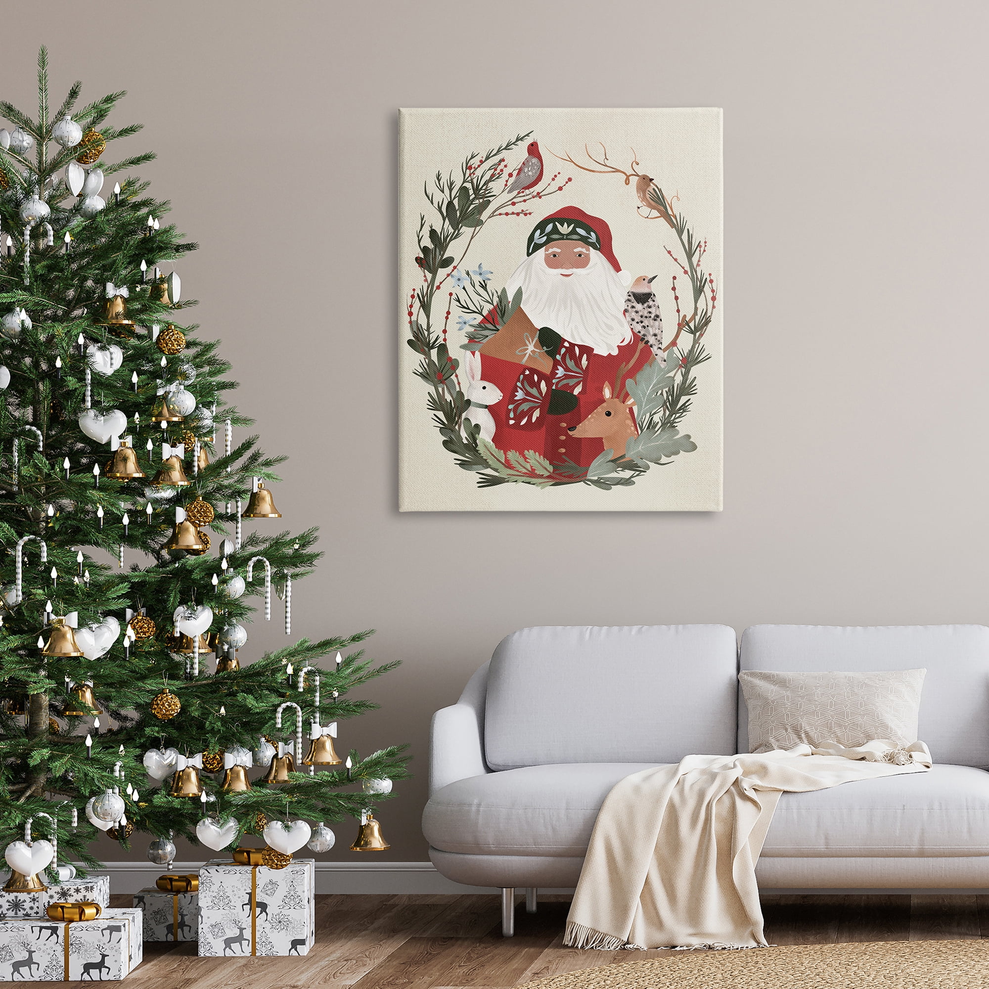 Santa Claus Holiday Wildlife Leaf Botanical Border Animals & Insects Painting Gallery-Wrapped Canvas Print Wall Art