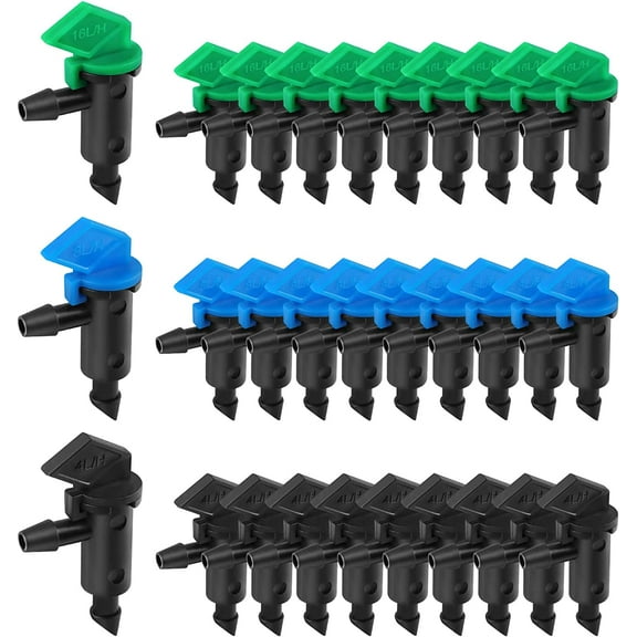 90 Pieces Drip Emitter, 3 Colors Garden Flag Irrigation Drippers in 3 Sizes, 1 GPH, 2 GPH, 4 GPH Per Hour for Trees and Shrubs Watering