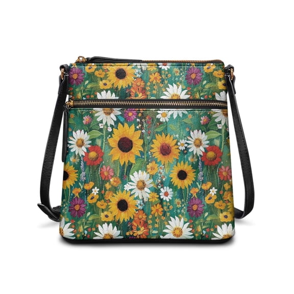 HELLHERO Sunflower and Daisy Pattern Satchel Bag, Waterproof Crossbody Purse PU Leather Stylish PU Leather Shoulder Crossbody Bag for Outdoor Activities Travel