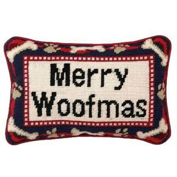 Merry Woofmas Dog Christmas Wool Needlepoint Throw Pillow - 8" x 12"