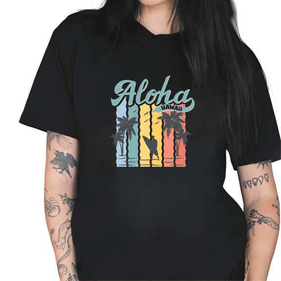 Cozymy Women's Aloha Hawaii Retro Surfing Palm Tree Graphic Short Sleeve T-Shirt Vintage Cotton Crewneck Summer Top