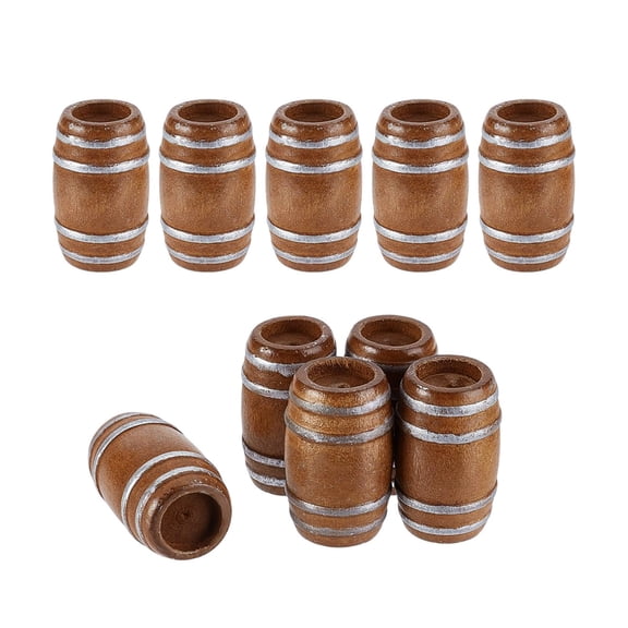 Desktop Ornament - Wooden Barrel Design Miniature Barrels Set for Home and Décor Small Wood Barrel Display Figurines for Desk 10PCS