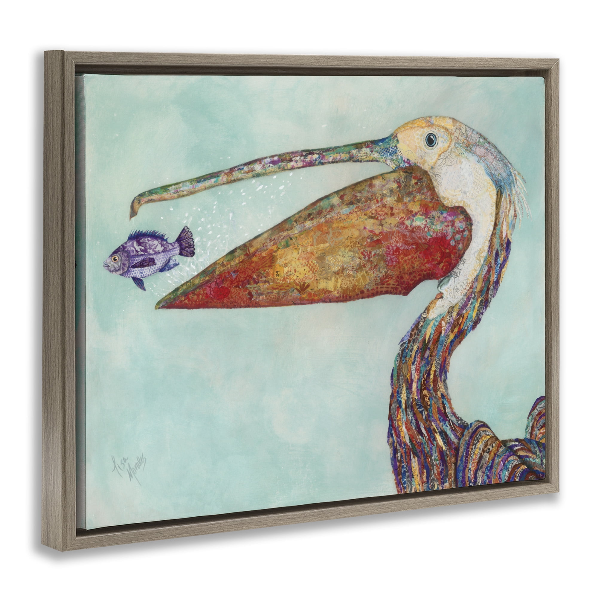 Stupell Industries Pelican's Lost Supper Fish Animals & Insects Painting Brown Floater Framed Canvas Art Print Wall Art, 31 x 25