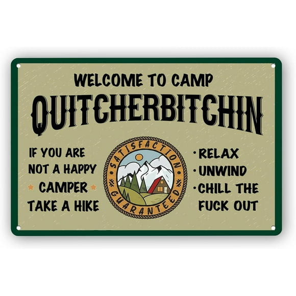 MISSUNNY Welcome To Camp Quitcherbitchin Sign, Camper Decor Camping Hanging Signs Rv Accessories for Inside Decorations, Funny Travel Trailers Happy Gifts Wall Decor Gifts, 8 x 12 Inch