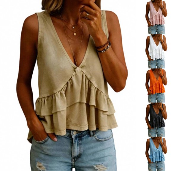 Babydoll Tank Tops Womens Deep V Neck Sleeveless Ruffle Peplum Flowy Blouse Cute Summer Dressy Casual Cute Going Out Top for Women Cotton Linen Khaki XL
