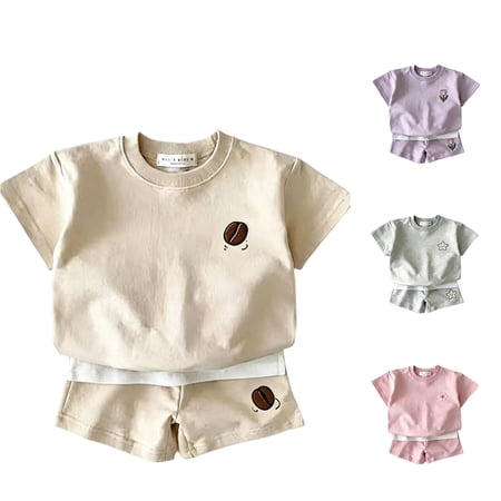 Rggeeun Toddler Boys Outfit Sets Solid Color Cartoon Print Short Sleeve Crew Neck Loose Plus Size Breathable Top & Elastic Wide Leg Shorts for Summer Outdoor Running Kawaii Set Beige 3-4 Years