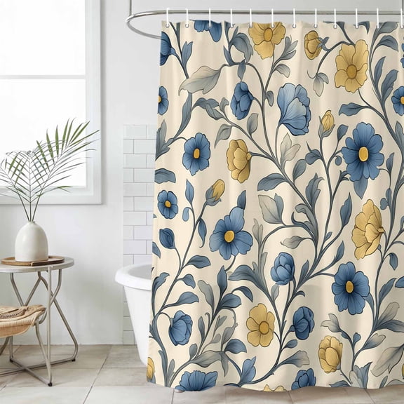 Vintage Blue Yellow Waterproof Fabric Shower Curtain,Spring Enchanted Garden Florals Waterproof Fabric Shower Curtain for Bathroom Curtains Bathtubs Hotel Shower Curtains with 12 Hooks Standard 66x72