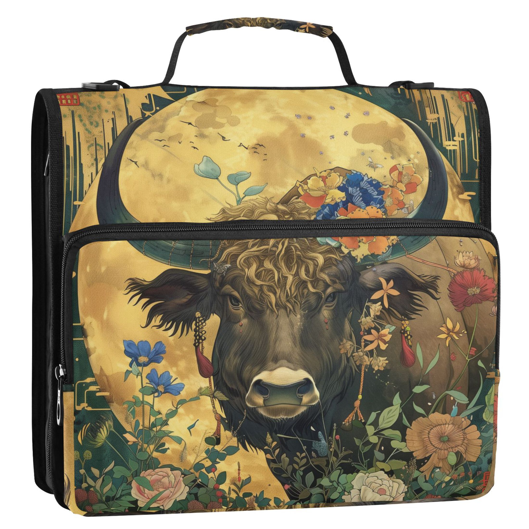 3 Ring Zipper Binder with Shoulder Strap Waterproof Trapper Keeper 2 Inch D-Ring 500 Sheets Capacity Cattle Flower Moon