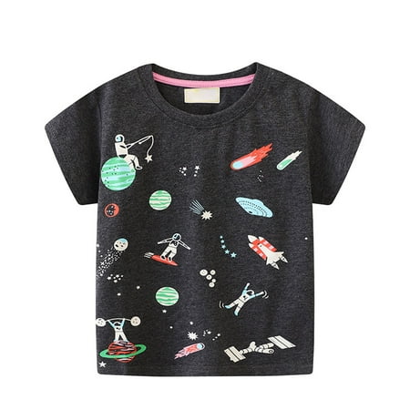 

KDFJPTH Boys Kids Luminous Astronaut Planet And Spaceship Short Sleeve T Shirts Cotton Cartoon for Kids Black Toddler Tops