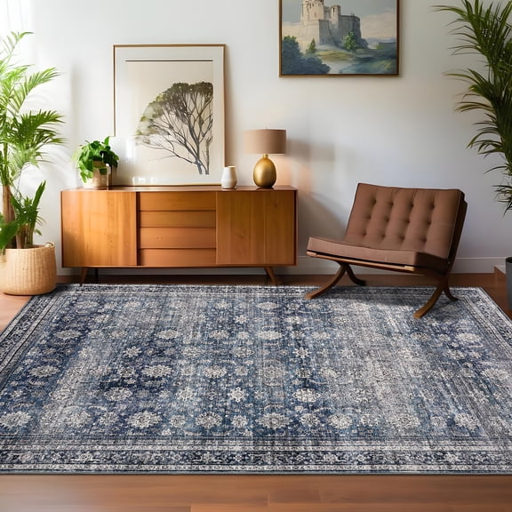 9x12 Blue Vintage Distressed Farmhouse Area Rug – Washable Non-Slip Low Pile Carpet for Living Room, Bedroom, Office
