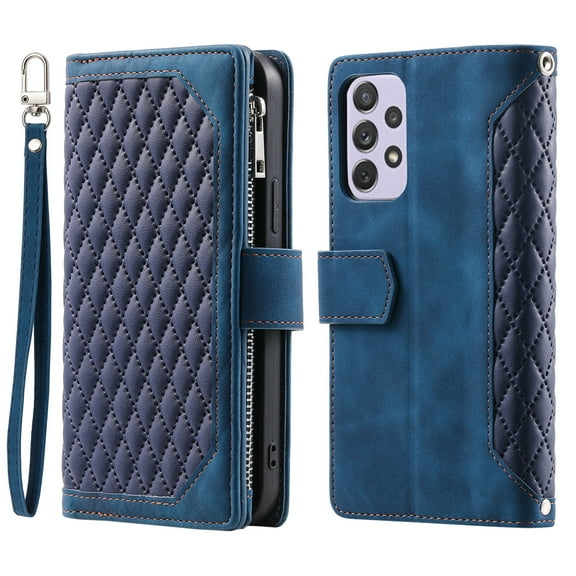 Decase Wallet Case For Samsung Galaxy A53 5G,Magnetic Shockproof Zipper Card Slot Stand Wristband Cover,Blue