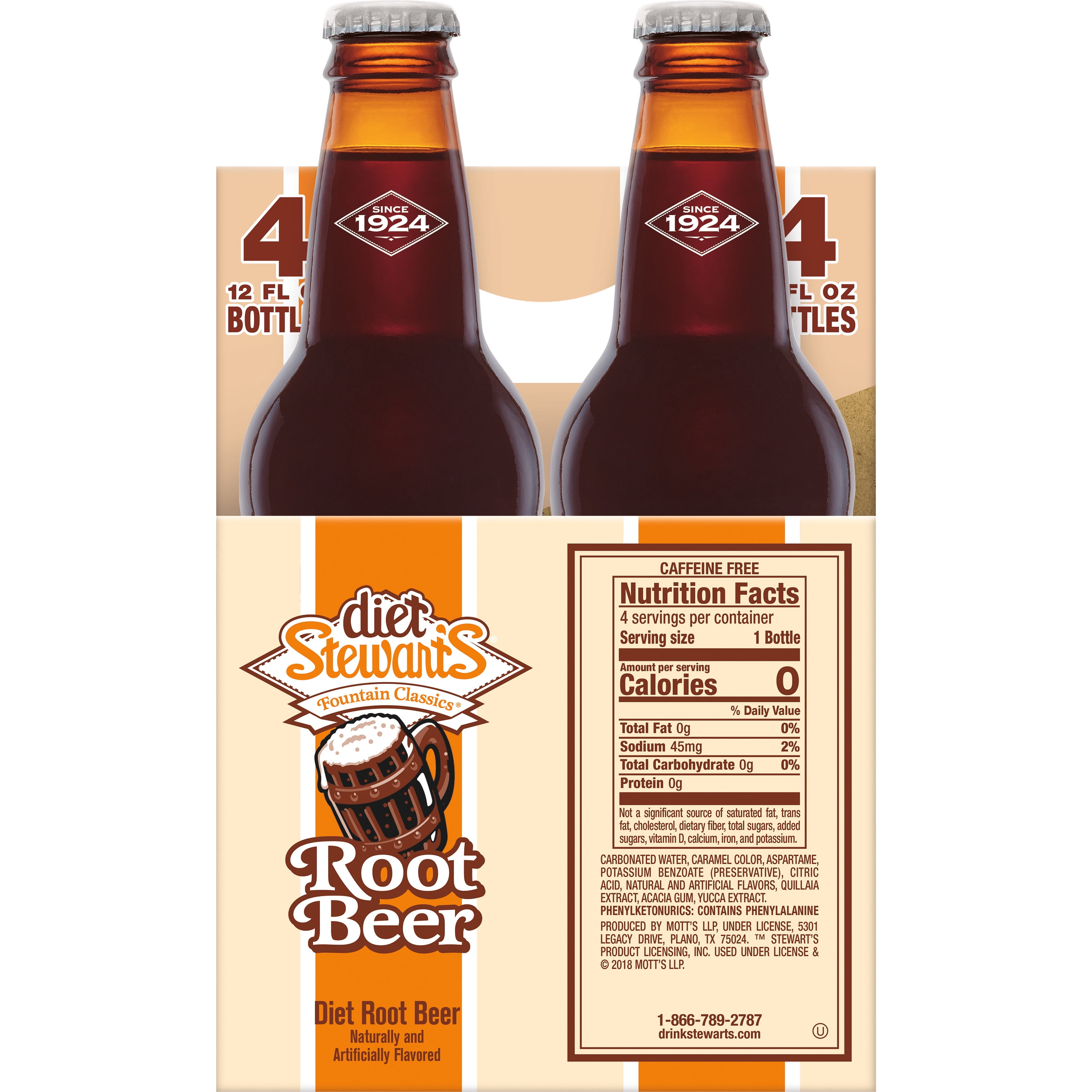 Diet Stewart's Root Beer Soda, 12 fl oz glass bottles, 4 Pack